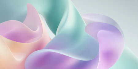 Soft waves of pastel colors blend together, creating a harmonious flow. The gentle curves feature shades of pink, green, and blue, evoking a sense of calm and creativity.の素材