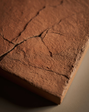 The close-up view reveals a clay surface with deep cracks and natural texture. The earthy tone adds warmth, highlighting the unique patterns formed over time.の素材