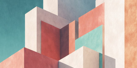 An abstract composition features vibrant geometric shapes in pastel colors. The arrangement creates a playful visual effect with layers and varying tones enhancing depth.の素材