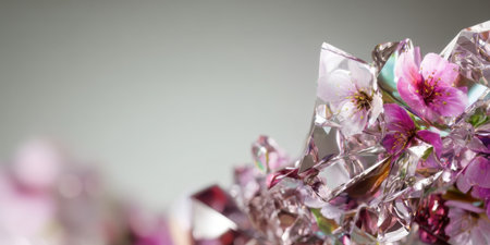 Delicate pink flowers are beautifully scattered among sharp, reflective crystals. This striking contrast highlights the elegance of nature in a captivating display of colors.の素材