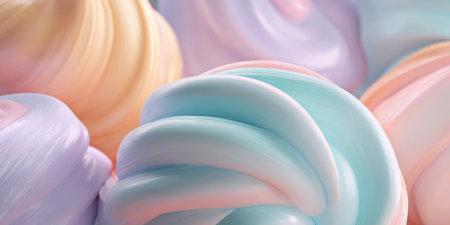 Soft, fluffy candy treats in pastel colors sit together, showcasing their swirled designs. The setting appears warm and inviting, perfect for a sweet indulgence.の素材