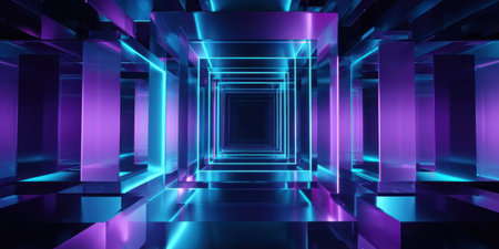 Vivid colors create a stunning geometric tunnel. Bright purple and blue lights reflect off transparent surfaces, adding depth and intrigue to the futuristic scene.の素材