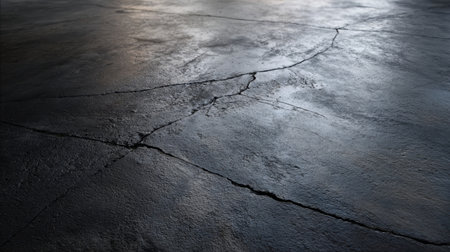 A weathered concrete floor shows visible cracks and imperfections. Soft light reflects off the surface, enhancing the texture and depth in a quiet, dim environment.の素材