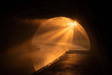 Sunlight filters through a dark tunnel, creating a stunning display of rays over a calm river pathway. The early morning light enhances the peaceful atmosphere.の素材