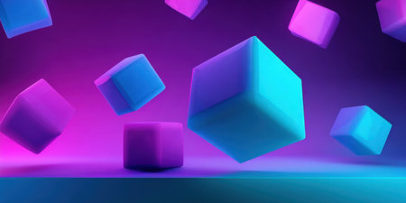 Bright cubes in shades of blue and pink appear to float in a vibrant digital space. The background is smooth and illuminated, creating a striking visual effect.の素材