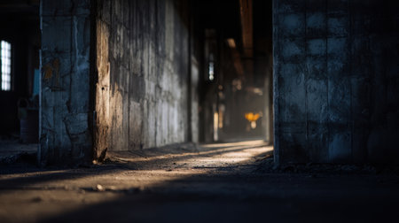 Sunlight filters through the cracked walls of an abandoned warehouse. Dust particles dance in the beams, highlighting the decay of the once-bustling industrial space.の素材