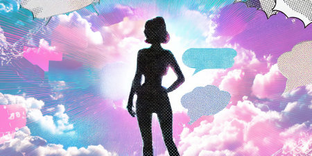 A woman stands confidently against a backdrop of vibrant clouds. Speech bubbles in various colors surround her, creating an artistic scene full of imaginative energy and expression.の素材