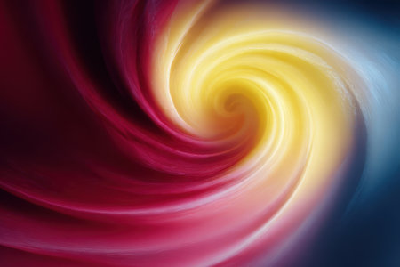 A vibrant swirl of red, yellow, and blue colors creates an abstract design. The smooth gradient transitions draw the eye into the dynamic motion and energy of the composition.の素材