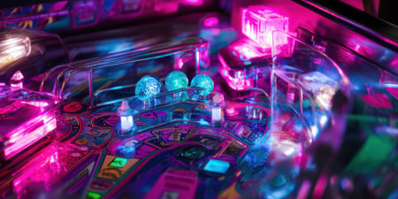 A vibrant pinball machine shines with colorful lights and reflections. The blue balls rest on the playfield, creating a dynamic atmosphere in a lively arcade setting.の素材