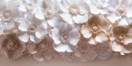 A beautiful display of paper flowers in shades of white and beige is arranged neatly. The flowers appear soft and textured, creating a serene and elegant atmosphere.の素材