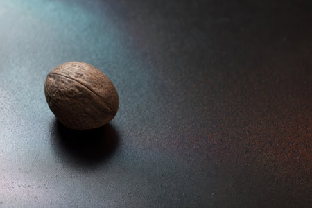 A single nut is placed on a dark, smooth surface, illuminated softly by natural light. The detail shows the texture and shape of the nut clearly, creating a simple focus.の素材