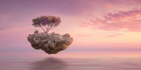A surreal scene shows a rocky island with a single tree floating above calm waters during sunset. The sky is painted in shades of pink and orange, creating a dreamlike atmosphere.の素材