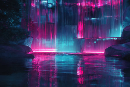 A stunning waterfall cascades down rocks, bathed in vivid pink and blue lights. The scene reflects on the calm water below, creating a serene and enchanting atmosphere.の素材
