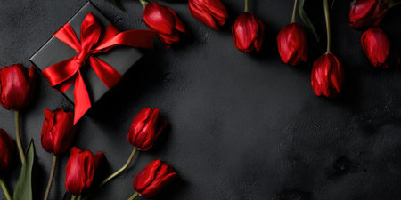 A small black gift box with a red ribbon is surrounded by vibrant red tulips on a dark surface, suggesting a romantic occasion like Valentine's Day or an anniversary celebration.の素材