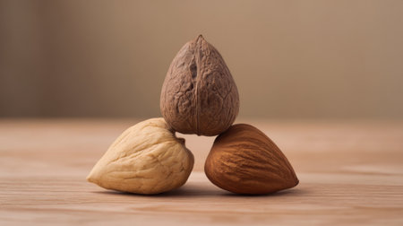 Three distinct nuts are stacked on a light wooden surface. The nuts include a brown one on top, a lighter one on the left, and a reddish-brown one on the right, showcasing their textures.の素材