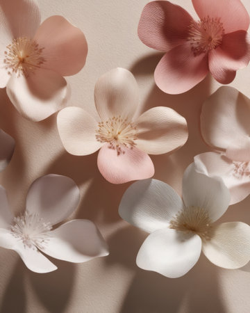 Soft pastel paper flowers with pink and white petals are arranged on a light neutral background. The intricate designs highlight the textures and details of each blossom beautifully.の素材