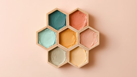 A creative arrangement of six paint samples in various colors sits in a wooden hexagon container against a soft pink background. Each color offers a unique hue for artistic projects.の素材