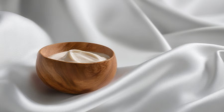 Cream is elegantly placed in a smooth wooden bowl resting on white satin fabric, creating a calming and simple scene that highlights the textures and colors.の素材