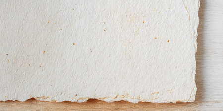 A piece of handmade paper lies flat on a rustic wooden surface. The paper features a textured edge and specks of color, highlighting its unique craftsmanship for artistry or writing.の素材