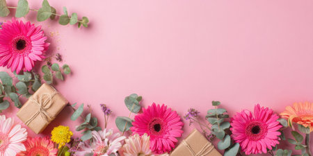 Colorful flowers in shades of pink and orange are artistically arranged alongside small gift boxes on a soft pink background, creating a cheerful and festive atmosphere.の素材