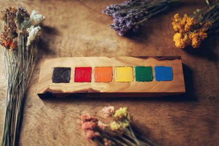A wooden palette holds six vibrant paint colors arranged neatly in a row. Surrounding it are various dried flowers, adding a touch of nature to the artistic scene.の素材