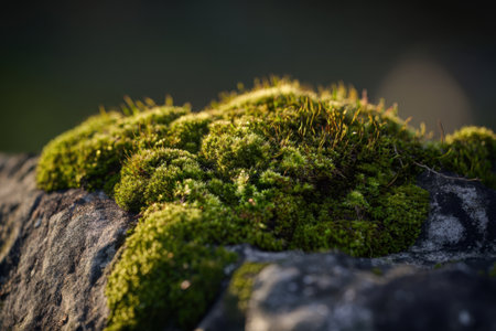 Soft green moss covers a large rock, basking in warm light during sunset. The scene showcases the beauty of nature as shadows play across the surface.の素材