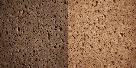Two different bread crusts are displayed side by side, showcasing unique textures and colors. One crust is darker while the other is a light brown shade, each with distinct air pockets.の素材