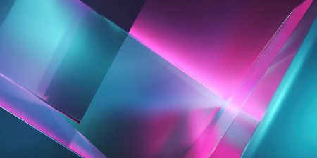 Vibrant geometric shapes in shades of blue and pink form an abstract design, showcasing a blend of light and color in a contemporary style.の素材