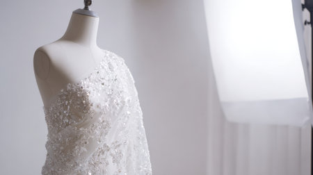 A stunning white dress is showcased on a mannequin in a well-lit studio. The detailed beading and floral designs add a touch of elegance. Soft lighting enhances the dress's beauty.の素材