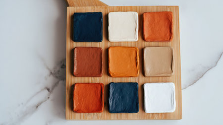 Nine squares of colorful clay are neatly placed on a wooden board. The clay displays various shades, creating a vibrant palette for artistic projects or playtime.の素材