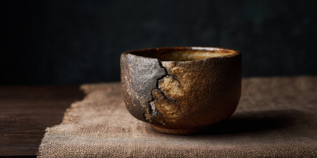 A unique ceramic bowl rests on a textured fabric surface, showing its earthy tones and distinct cracks under soft lighting, creating an inviting and warm atmosphere.の素材