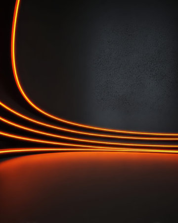 Bright orange lines glow along the edges of a sleek, dark space, creating a modern and inviting atmosphere perfect for artistic displays or exhibitions.の素材