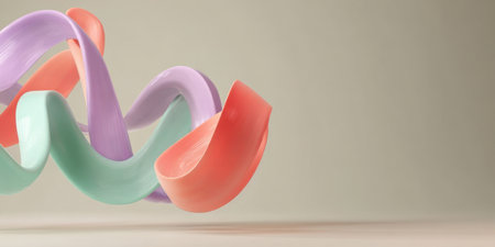 Swirling ribbons in shades of green, purple, and pink create a dynamic and playful scene against a neutral backdrop, evoking a sense of motion and creativity.の素材