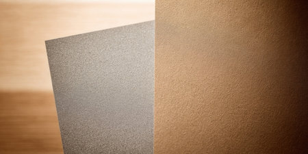 Two textured surfaces are displayed side by side, one in a cool gray and the other in a warm tan. The lighting highlights their smooth appearances against a soft background.の素材