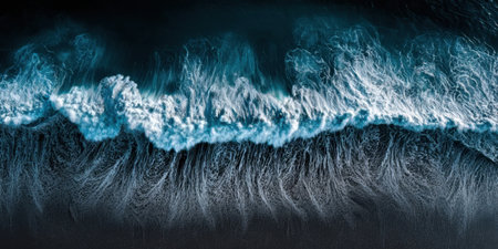 Gentle waves crash against a black sand beach while the sky transitions into twilight. The foamy sea creates intricate patterns as it recedes into the ocean.の素材