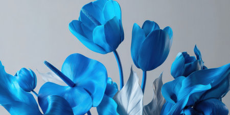 Bright blue flowers with various shapes are elegantly arranged together. The delicate petals and leaves create a striking visual effect against a light background.の素材