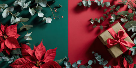 Bright red poinsettias and lush green leaves create a beautiful holiday arrangement beside a wrapped gift on a contrasting background. Perfect for festive celebrations and decor ideas.の素材