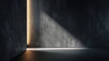 A dimly lit room features textured concrete walls with a narrow beam of light shining through a vertical gap. The shadows create an atmospheric and moody setting.の素材