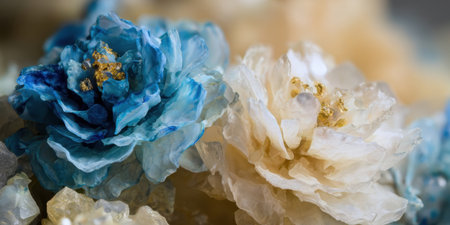 Stunning flowers crafted from gemstones in shades of blue and white, adorned with golden details. The arrangement showcases their unique shapes and textures.の素材