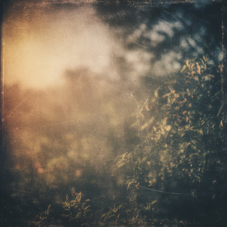 Soft light filters through the trees at sunset. Blurred plants create a tranquil atmosphere, highlighting the beauty of nature as day turns to night in a serene setting.の素材