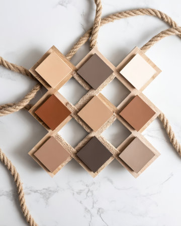 Square color samples in various neutral shades are arranged artistically on a marble surface along with a coiled rope, showing a harmonious blend of earthy tones.の素材