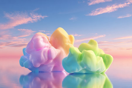 Soft pastel-colored clouds float above the still water, mirroring hues of pink and blue from the sunset. The scene captures a serene and dreamlike atmosphere.の素材