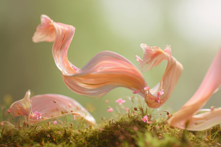 Soft pastel forms dance gracefully above vibrant green moss, surrounded by delicate pink flowers. The tranquil forest setting creates a serene and enchanting atmosphere.の素材