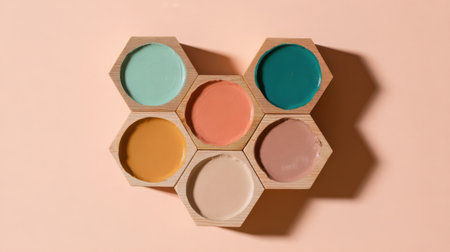 Six hexagonal containers filled with various paint colors sit on a light peach background. The colors include shades of teal, coral, mustard, and beige, creating an artistic display.の素材