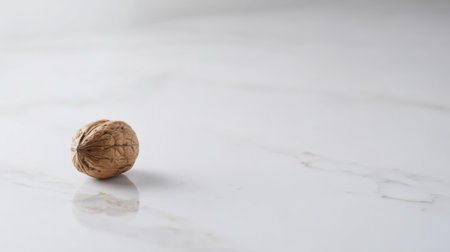 A single walnut sits quietly on a smooth marble surface. The soft natural light highlights the textures of the nut shell, creating a calming and simple scene.の素材