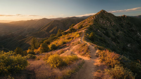 A winding trail leads through colorful vegetation on a hillside as the sun sets behind the mountains, casting a warm glow across the landscape.の素材