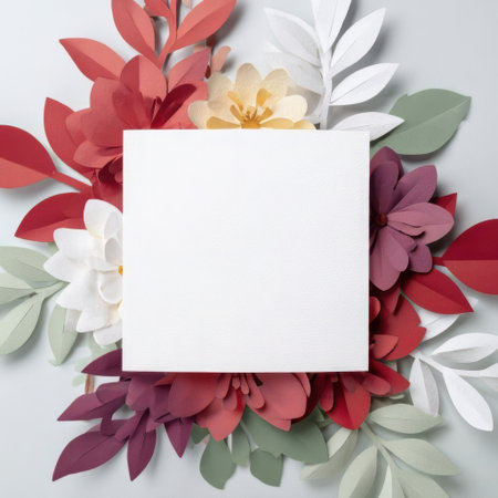Decorated with red, pink, and white paper flowers, this colorful arrangement features a blank square in the center, perfect for messages or invitations.の素材