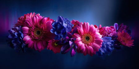 Bright pink and purple flowers are arranged together, showcasing their vivid colors against a deep blue background. The bouquet brings a cheerful and lively atmosphere to the scene.の素材