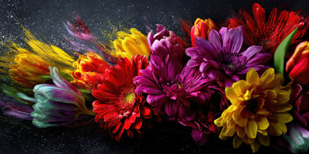 A vibrant display of colorful flowers showcases rich hues and unique shapes. Each blossom adds charm to the arrangement, creating an eye-catching composition against a dark backdrop.の素材