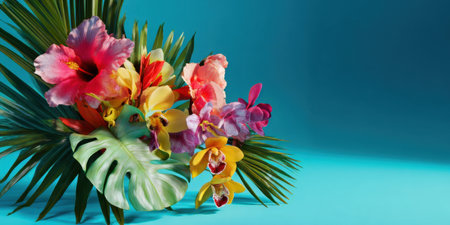 A beautiful arrangement of tropical flowers is placed against a bright blue background.の素材
